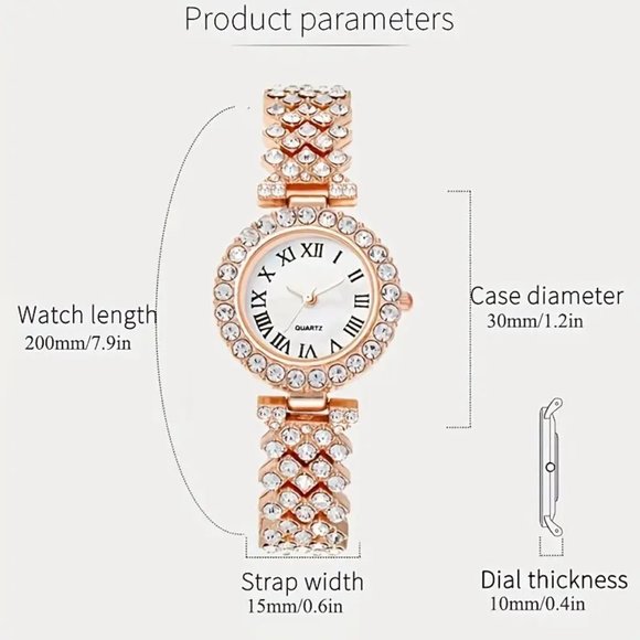 2pcs Watch and Bracelet Set Women Quartz Watch + Heart Bracelet Bling Rose Gold - Picture 4 of 5